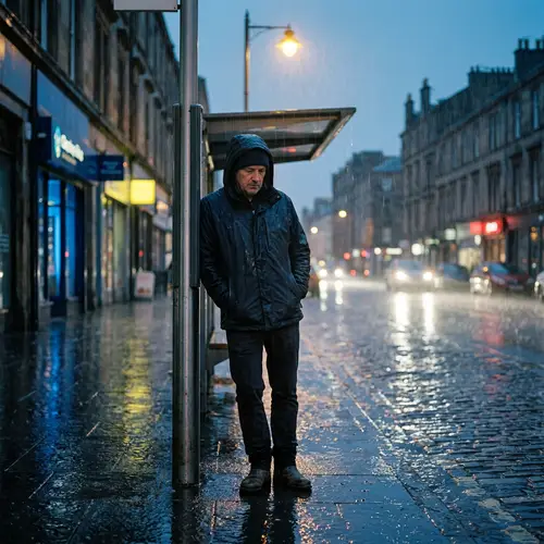 Solitary Man Standing Under the Rain