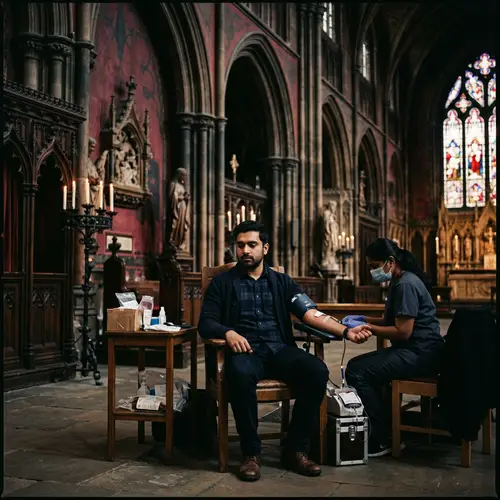 South Asian Male Donating Blood in Dramatic Gothic Cathedral