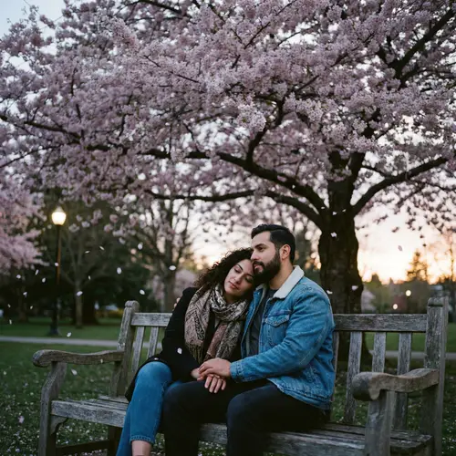 Tranquil Romantic Couple Under Cherry Blossom Tree