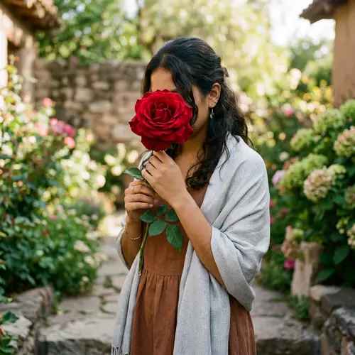 Hispanic Girl Holding Vibrant Red Rose in Earth-Colored Dress