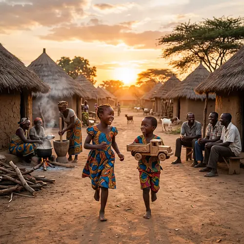 African Children Playing in Traditional Village Setting