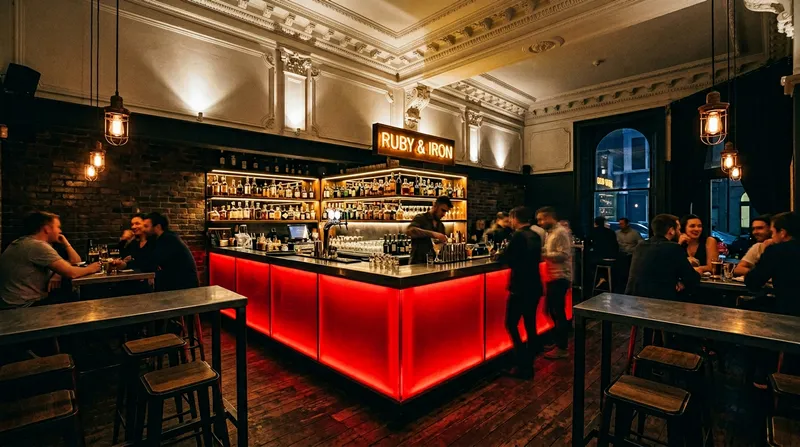 Stunning 40sqm Bar Design with Glowing Red Counter Stunning 40sqm Bar Design with Glowing Red Counter