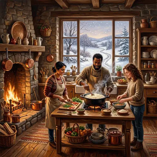 Tranquil Snow-Covered Landscape & Homely Kitchen Scene Painting