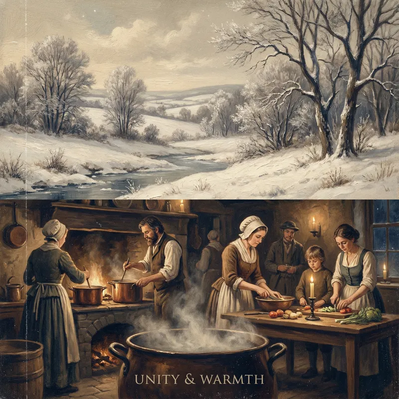 Winter Comfort: Snowy Trees and Cozy Kitchen Scenes