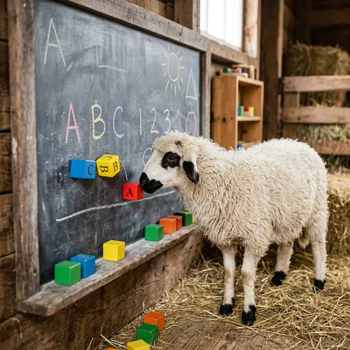 Arabian Sheep with Colorful Cubes on Chalkboard