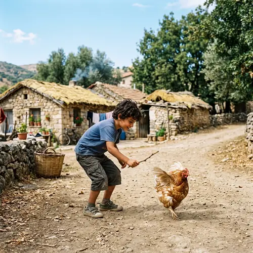 Quirky Encounter: Middle-Eastern Boy Teasing Chicken in Rustic Village