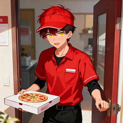 Anime Pizza Guy: Teen with Red Hair & Yellow Eyes