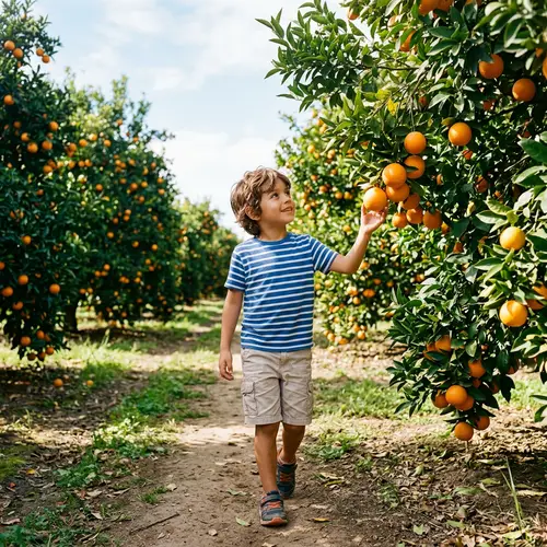 Young Hispanic Boy exploring Orange Orchard | Fruit-filled Landscape