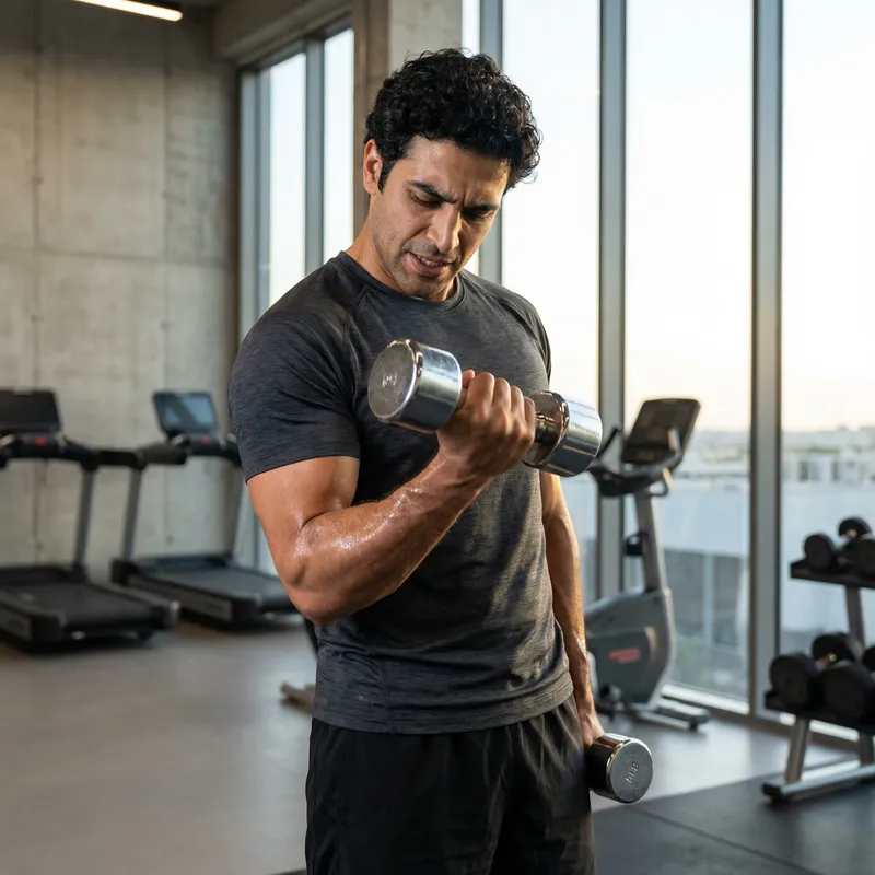 Middle-Eastern Fitness Model Bicep Curl in Modern Gym | Dynamic Workout