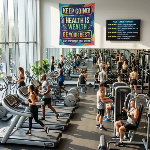 Vibrant Gym Experience with Motivational Banner | Fitness Reviews