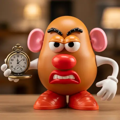 Angry Mr. Potato Head Holding a Watch