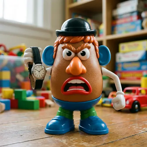Angry Mr. Potato Head Holding a Watch