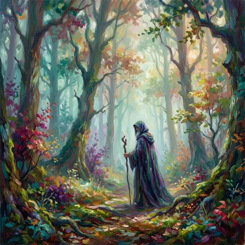 Mysterious Figure in Foggy Forest - Impressionist Style with Vibrant Colors
