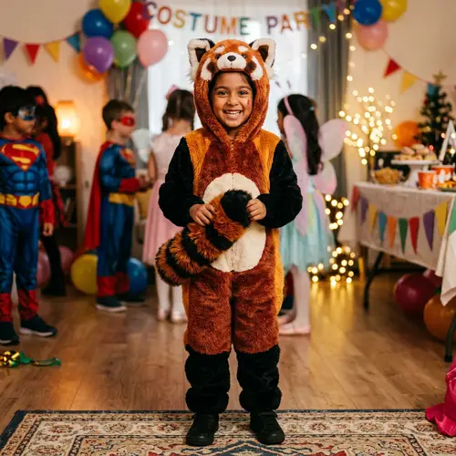 Charming South Asian Girl in Vibrant Red Panda Costume