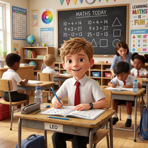 3D Caucasian Boy in Primary School Mathematics Classroom