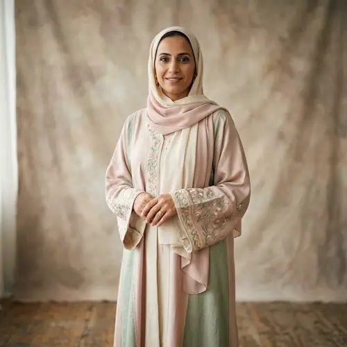 Modest Abaya in Soft Pastel Colors | Elegant Studio Portrait