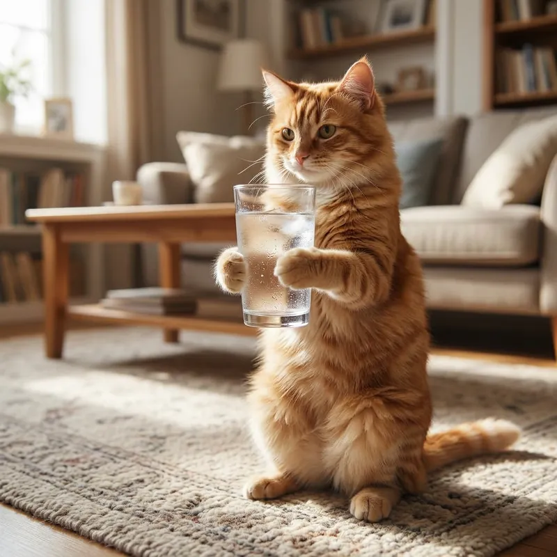 Adorable Cat Holding Glass of Water