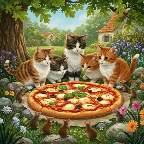 Cats in Village Garden Dreaming of Pizza