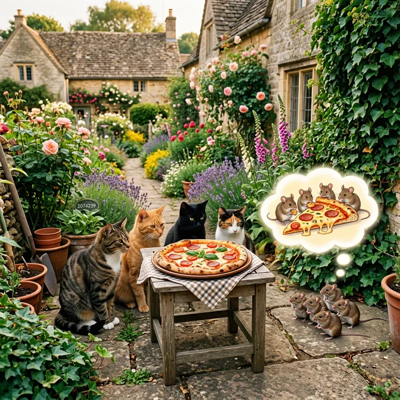 Cats in Village Garden Dreaming of Pizza Cats in Village Garden Dreaming of Pizza