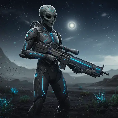Futuristic Alien with Armor and Rifle