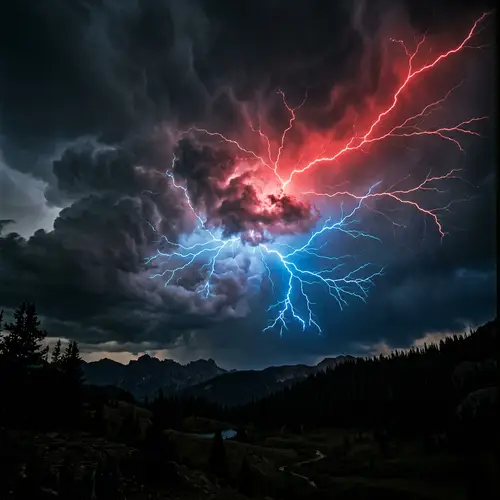 Dramatic Red & Blue Lightning in Stormy Sky