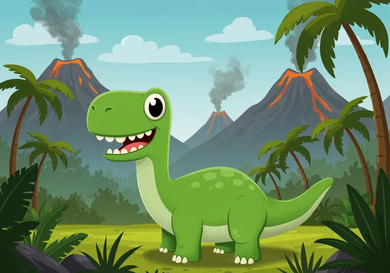 Smiling Cartoon Dinosaur in Prehistoric Jungle