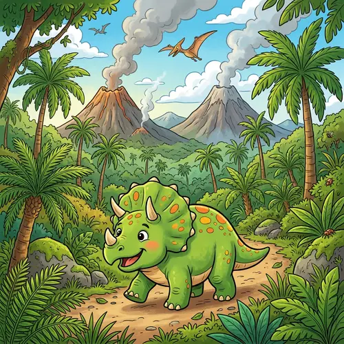 Smiling Cartoon Dinosaur in Prehistoric Jungle