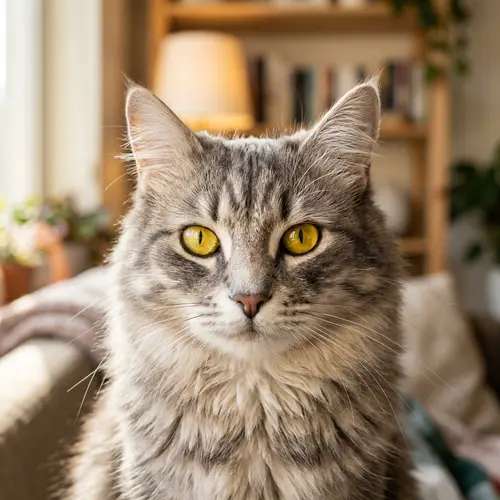 Fluffy Domestic Cat with Vibrant Yellow Eyes