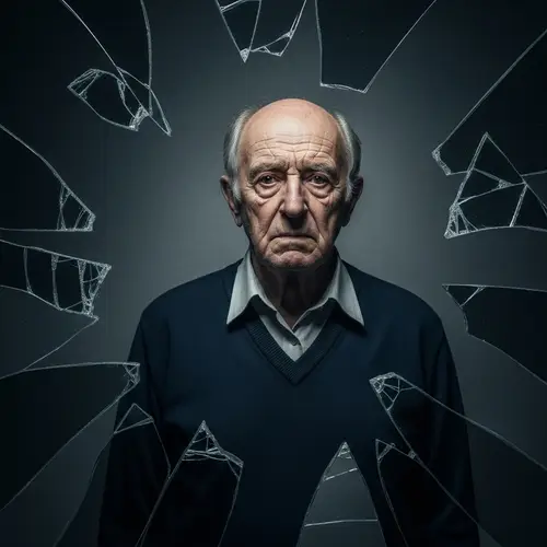 Emotions of a Bald Man Reflecting in a Broken Mirror