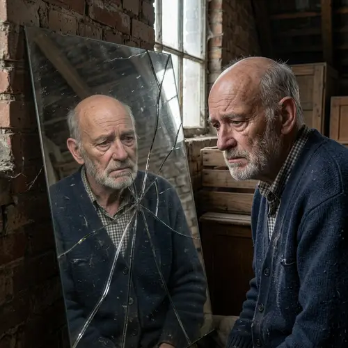 Emotions of a Bald Man Reflecting in a Broken Mirror