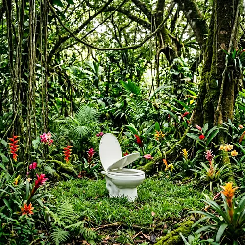 White Porcelain Toilet Seat in Lush Jungle Setting