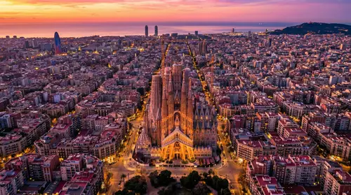 Stunning Aerial View of Barcelona at Sunset