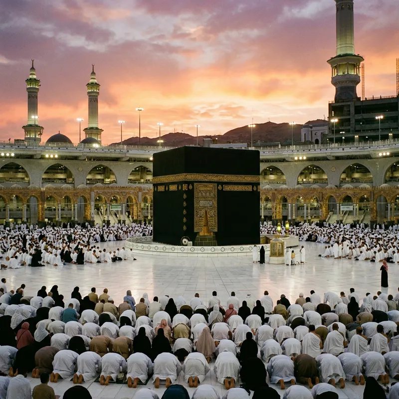 Sunset Prayers at the Kaaba: A Pilgrimage Moment Sunset Prayers at the Kaaba: A Pilgrimage Moment