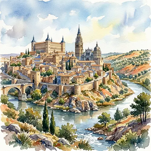 Toledo Skyline Watercolor Art - Spain