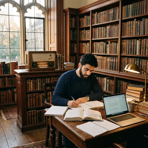 Guy Studying in a Cozy Library with Classical Music