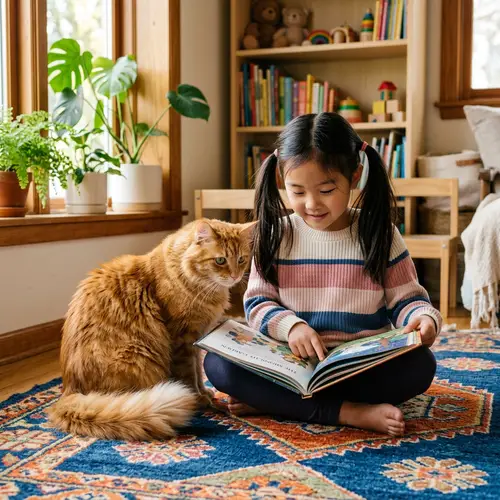 East Asian Girl with Ginger Cat | Tranquil Scene in Sunlit Room
