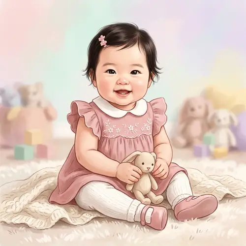 Beautiful East Asian Baby Girl in Pink Dress - Digital Art Illustration