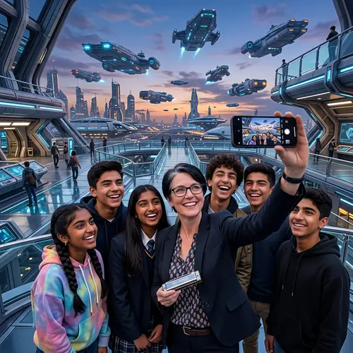 Futuristic Classroom Selfie with Teacher & Diverse Students