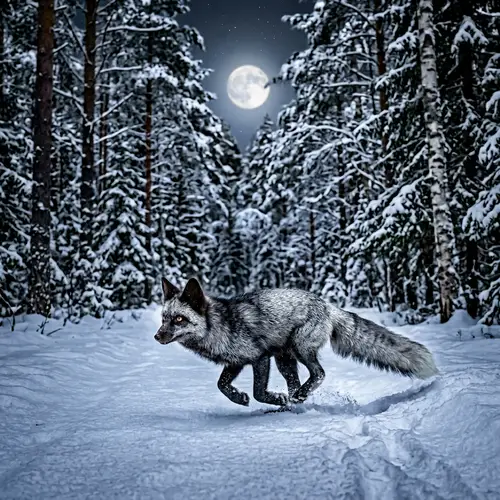 Silver Fox Striding Through Snowy Forest