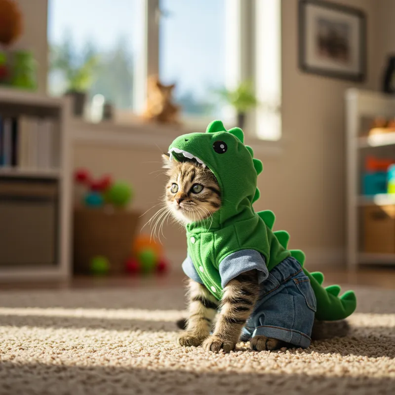 Adorable Baby Cat in Dinosaur Outfit at Home