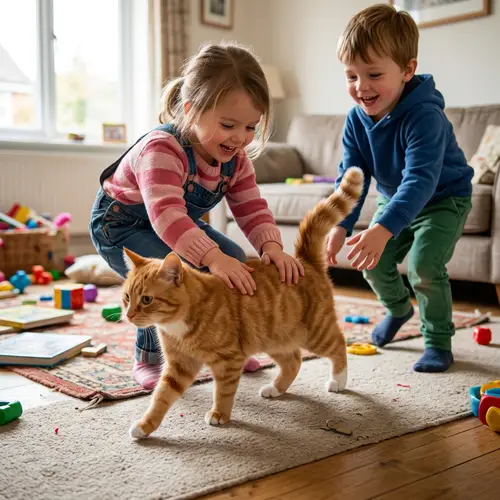 Playful Yellow Cat Walks Despite Kids' Pressure