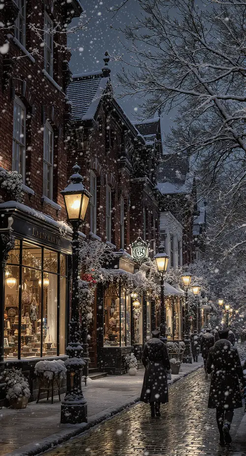 Victorian Streetscape at Night: A Winter Wonderland
