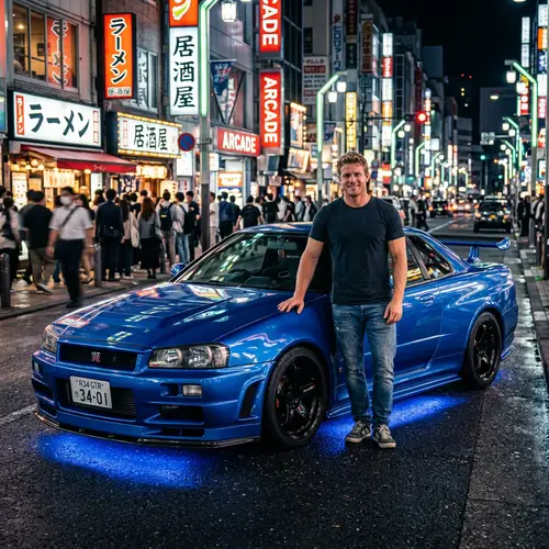 Shiny Blue Nissan Skyline R34 with Neon Lights - City Nightlife Scene