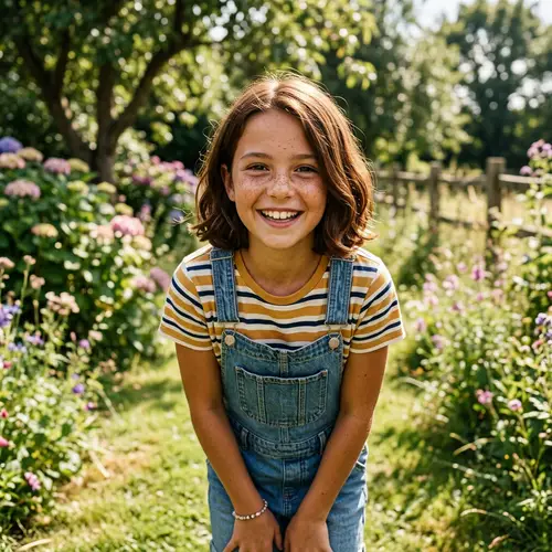 Prepubescent Girl with Tanned Skin, Chestnut Bobbed Hair & Freckles