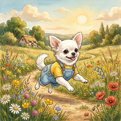 Fluffy Chihuahua in White | Yellow T-Shirt & Overalls | Field of Flowers