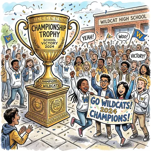 Diverse Crowd Cheering at Oversized Trophy | Editorial Cartoon Drawing