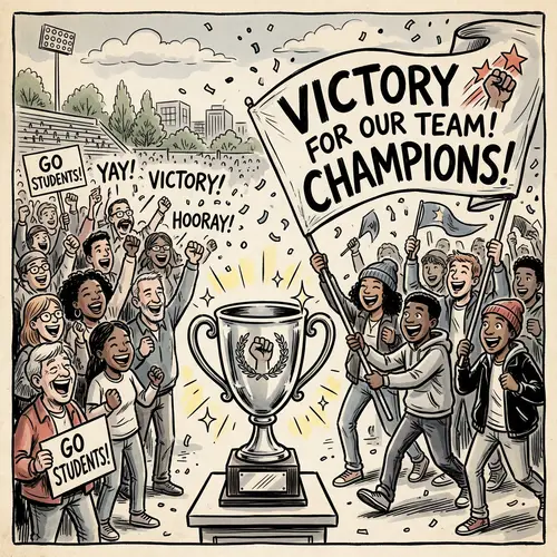 Lively Trophy Scene with Diverse Crowd and Students Cheering