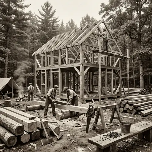 Vintage Construction of Two-Story Wooden House in Forest