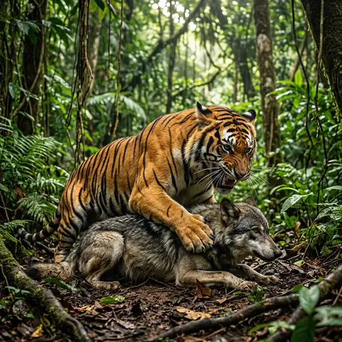 Fierce Tiger Capturing Gray Wolf in Lush Jungle