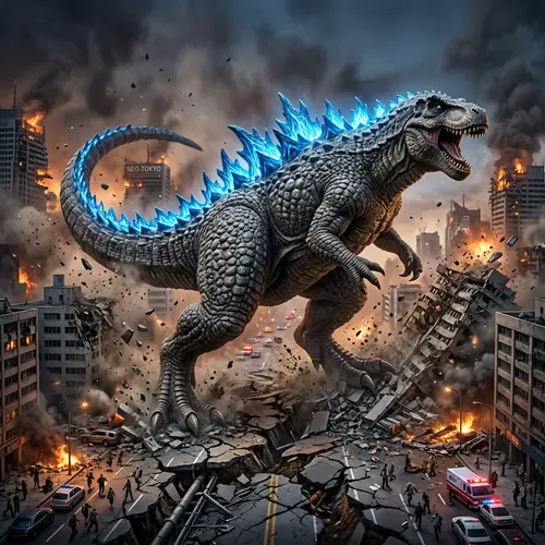 Colossal Dinosaur-like Rampage: Iconic Creature Chaos